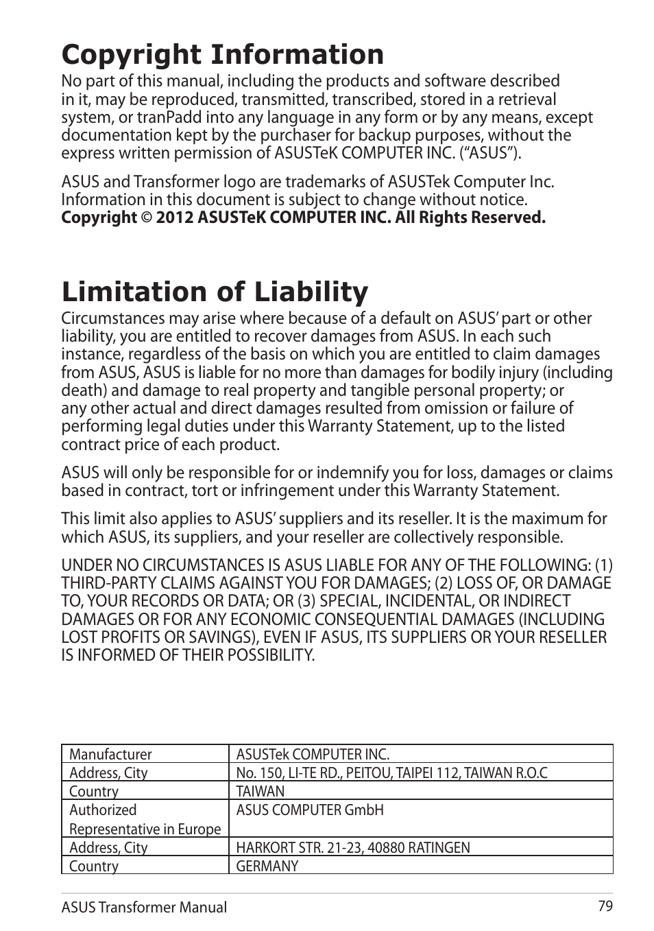 Copyright information, Limitation of liability, Copyright information limitation of liability | Asus TF201 User Manual | Page 79 / 80