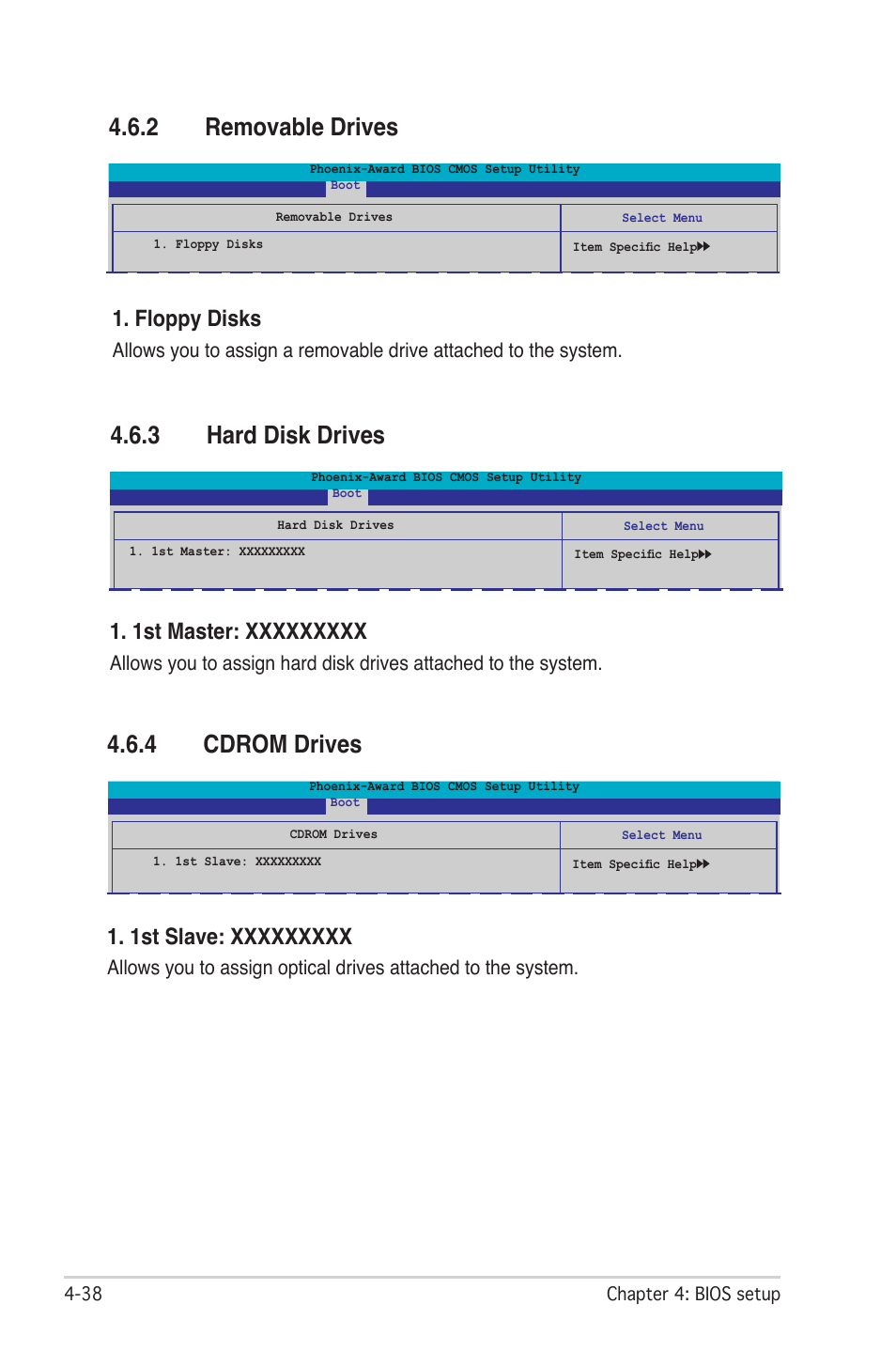 2 removable drives, 3 hard disk drives, 4 cdrom drives | Floppy disks | Asus M2N-SLI User Manual | Page 102 / 166