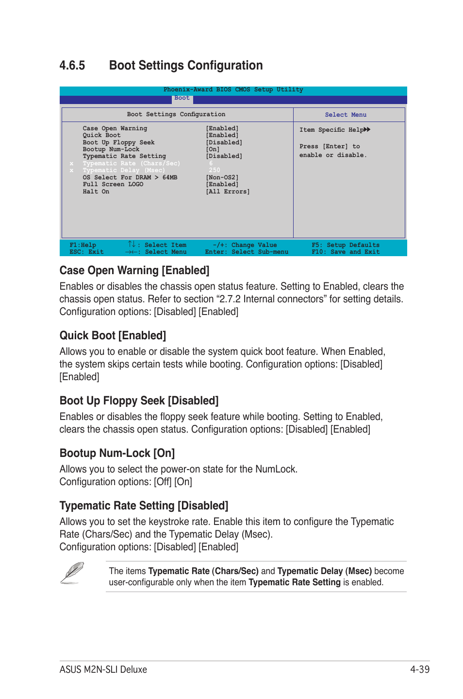 5 boot settings configuration, Case open warning [enabled, Quick boot [enabled | Boot up floppy seek [disabled, Bootup num-lock [on, Typematic rate setting [disabled | Asus M2N-SLI User Manual | Page 103 / 166