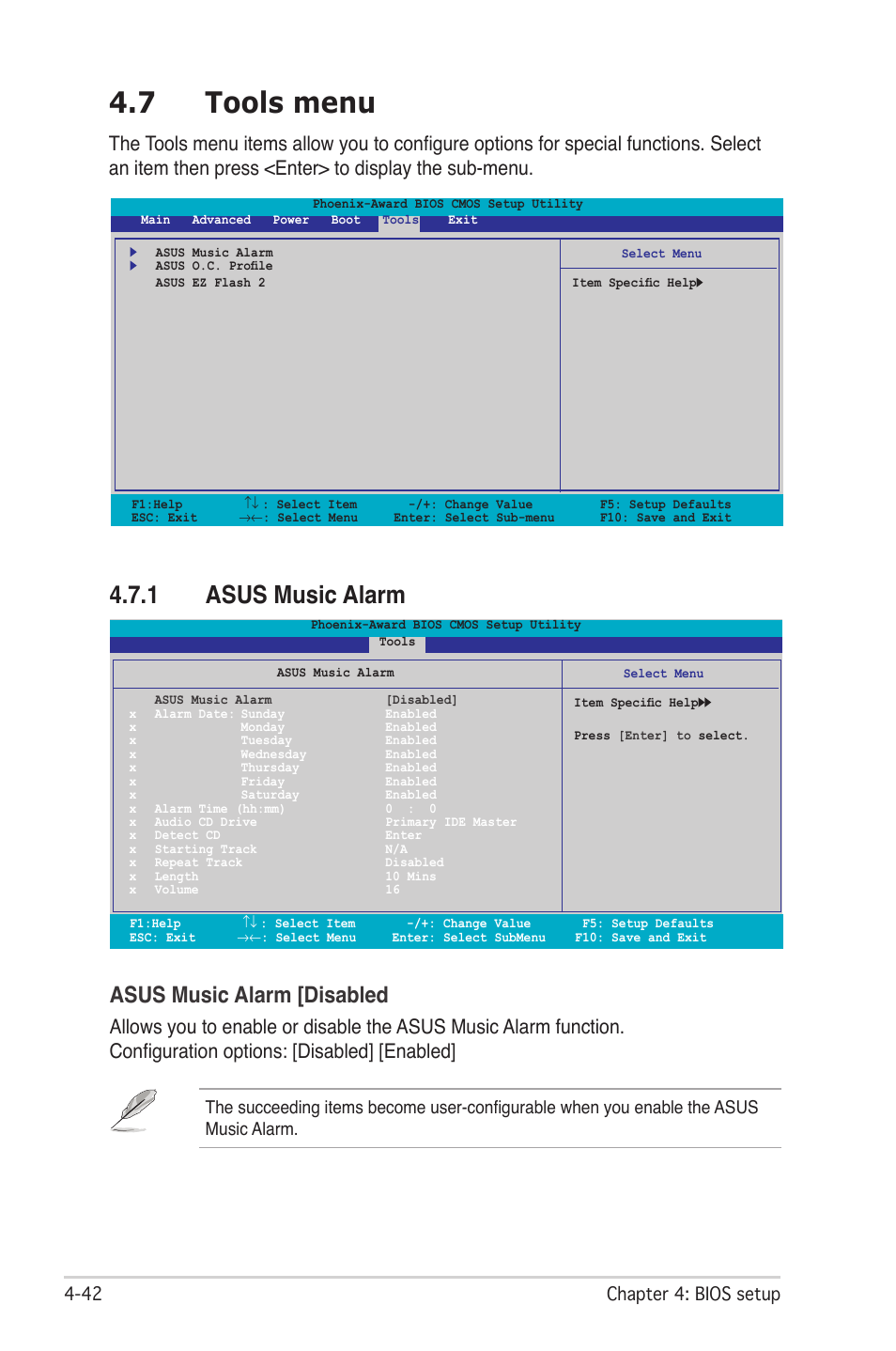 7 tools menu, 1 asus music alarm, Asus music alarm [disabled | Asus M2N-SLI User Manual | Page 106 / 166