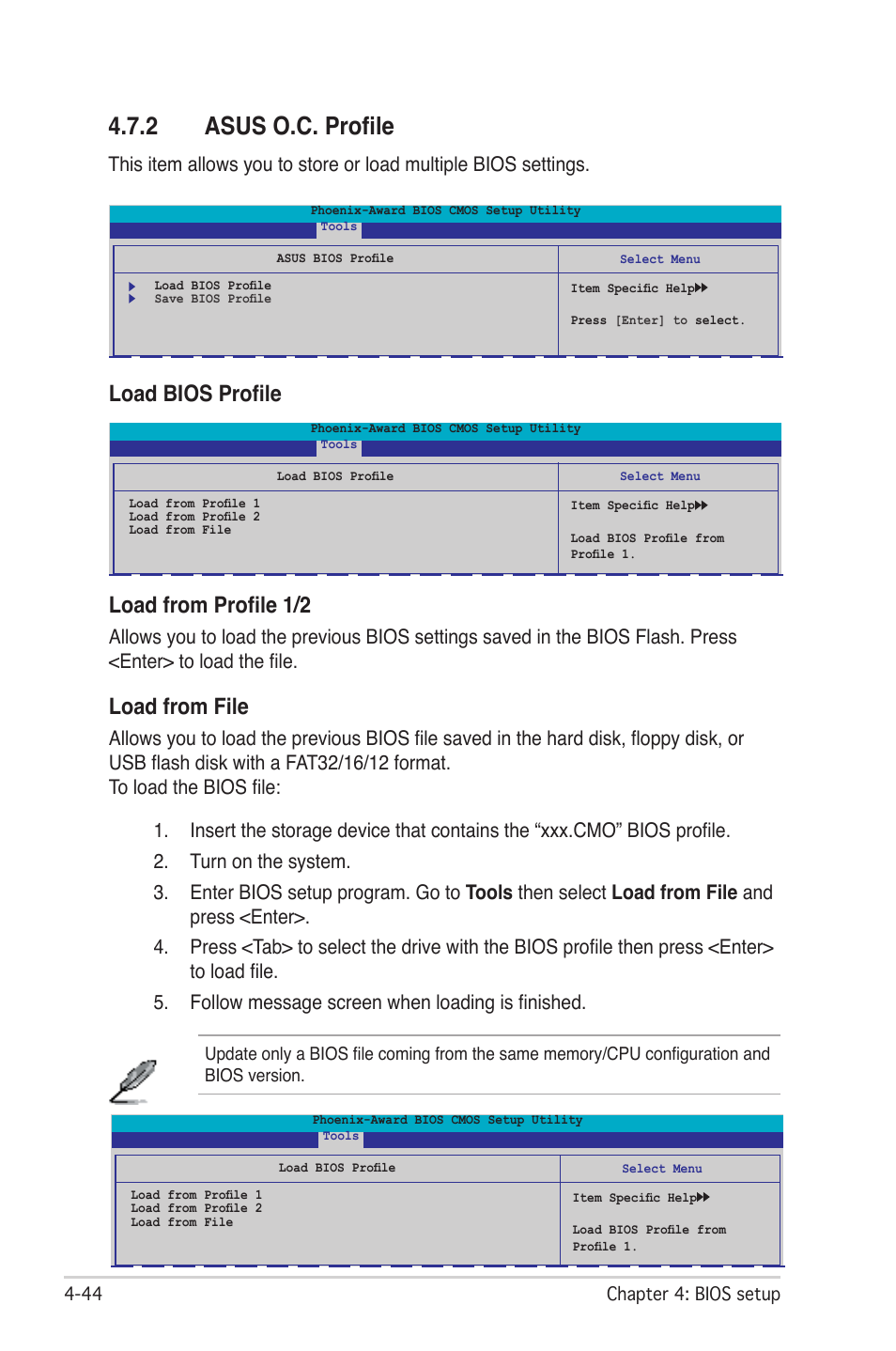 2 asus o.c. profile, Load bios profile load from profile 1/2, Load from file | Asus M2N-SLI User Manual | Page 108 / 166