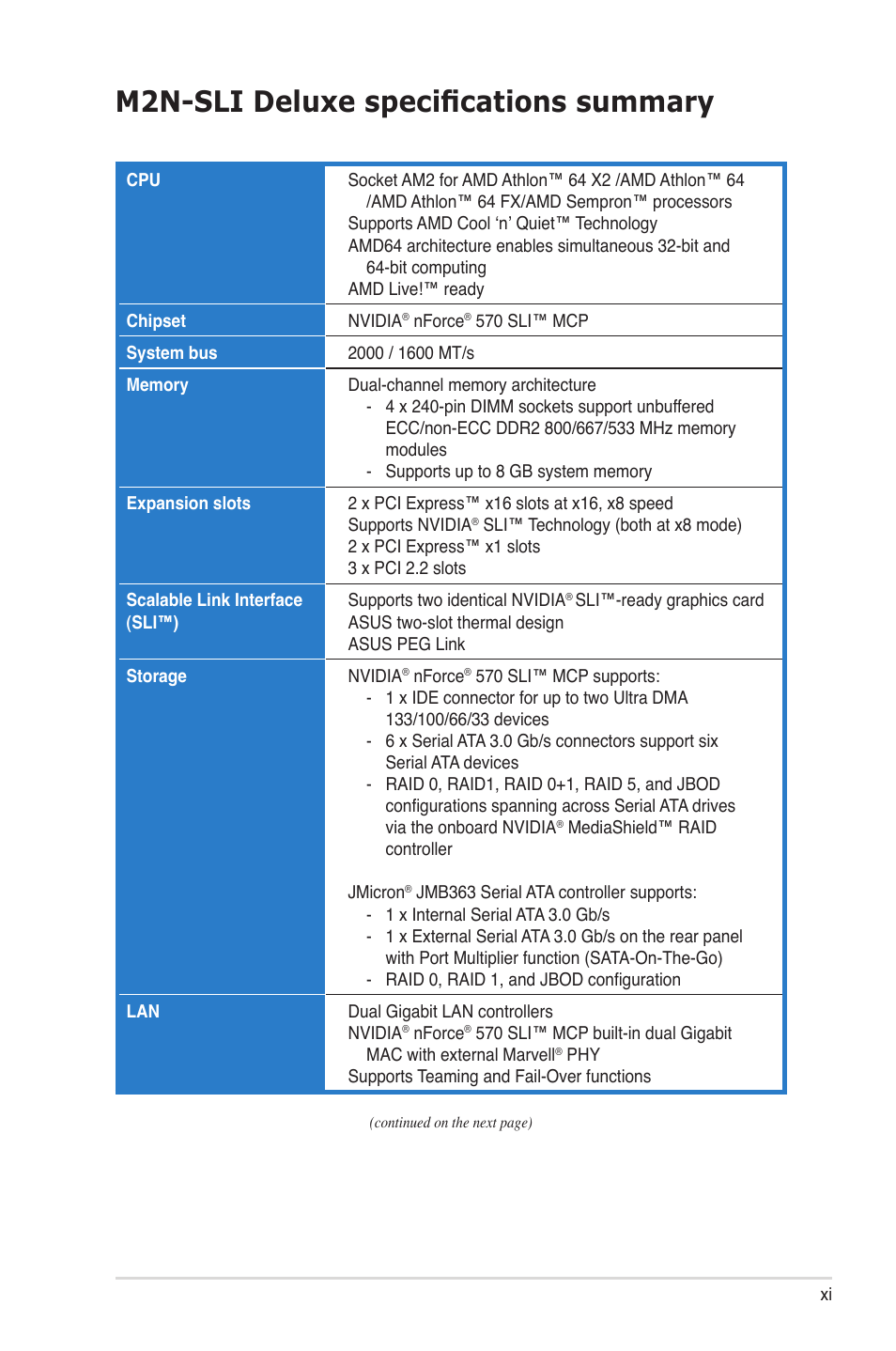 M2n-sli deluxe specifications summary | Asus M2N-SLI User Manual | Page 11 / 166