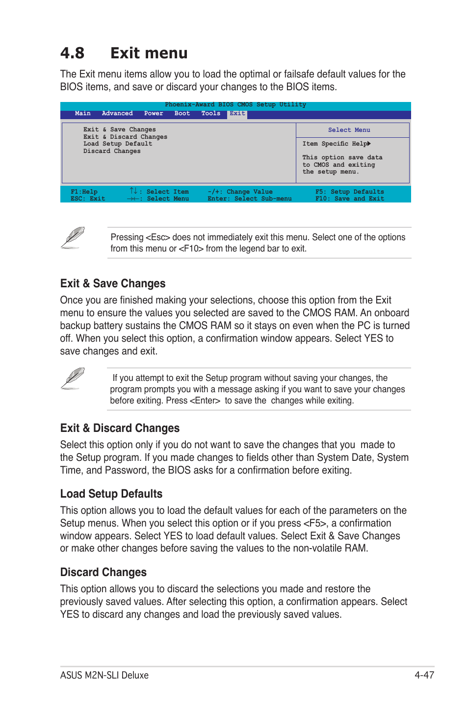 8 exit menu, Exit & save changes, Exit & discard changes | Load setup defaults, Discard changes | Asus M2N-SLI User Manual | Page 111 / 166