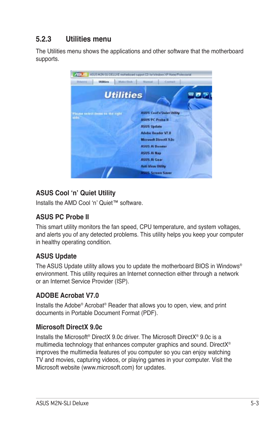 3 utilities menu, Asus cool ‘n’ quiet utility, Asus pc probe ii | Asus update, Adobe acrobat v7.0, Microsoft directx 9.0c | Asus M2N-SLI User Manual | Page 117 / 166