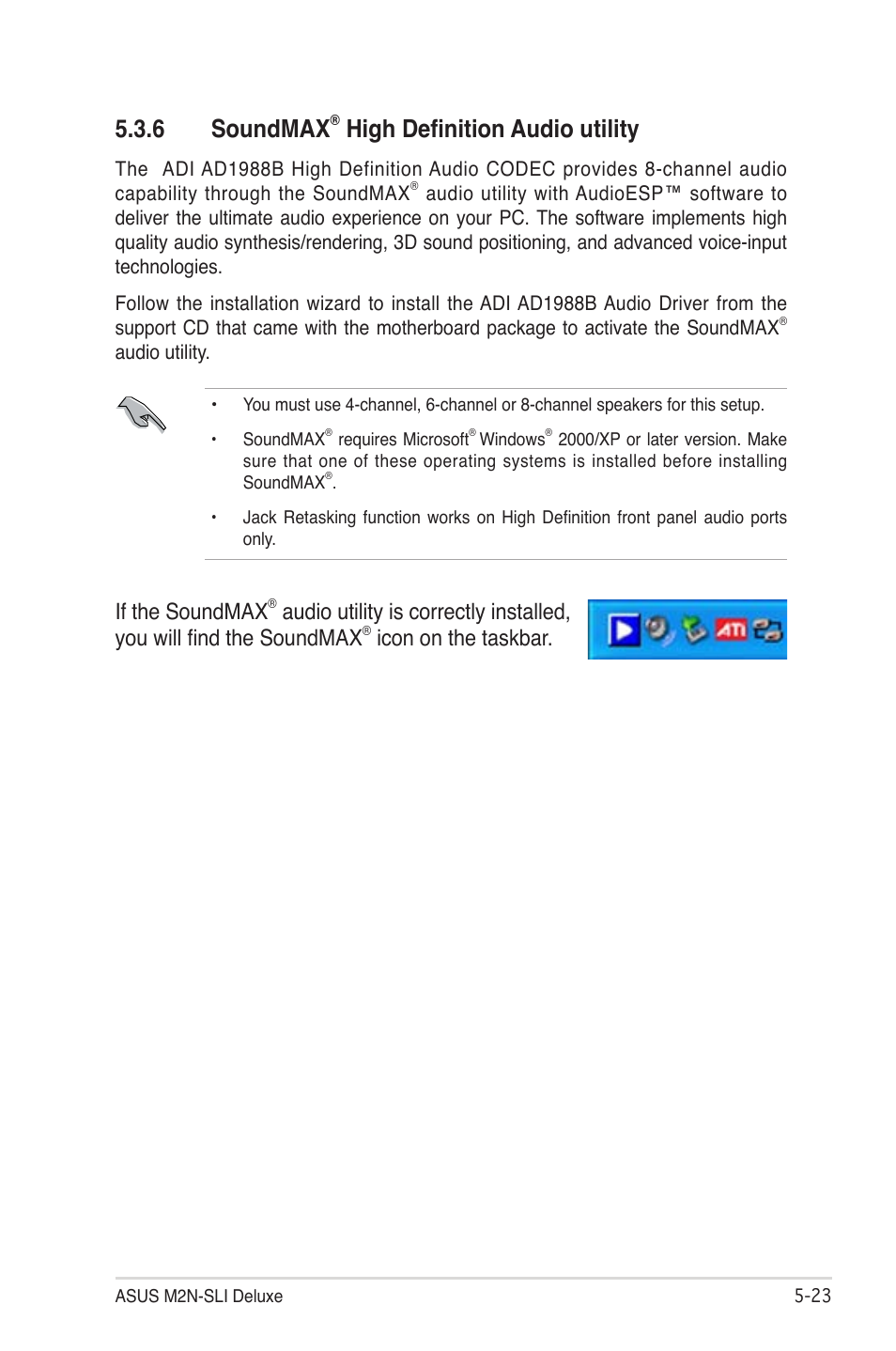 6 soundmax, High definition audio utility, If the soundmax | Icon on the taskbar | Asus M2N-SLI User Manual | Page 137 / 166