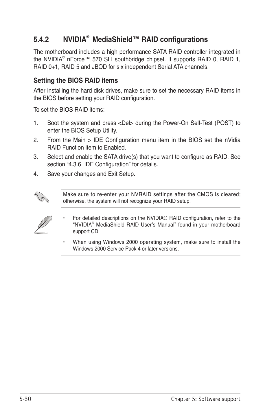 2 nvidia, Mediashield™ raid configurations, Setting the bios raid items | Asus M2N-SLI User Manual | Page 144 / 166