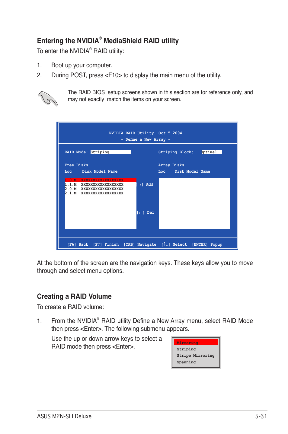 Entering the nvidia, Mediashield raid utility, Creating a raid volume | Asus M2N-SLI User Manual | Page 145 / 166