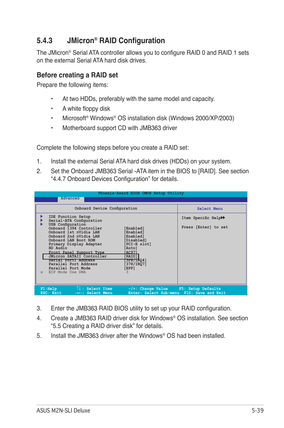 3 jmicron, Raid configuration, Before creating a raid set | The jmicron, Windows, Os had been installed | Asus M2N-SLI User Manual | Page 151 / 166