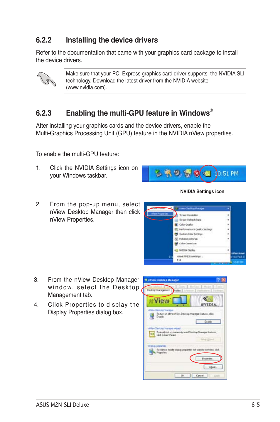 2 installing the device drivers, 3 enabling the multi-gpu feature in windows | Asus M2N-SLI User Manual | Page 165 / 166