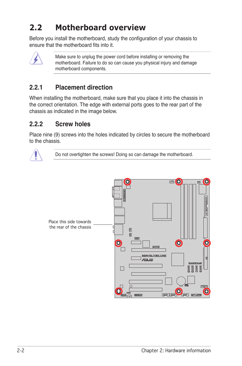 2 motherboard overview, 1 placement direction, 2 screw holes | Asus M2N-SLI User Manual | Page 26 / 166