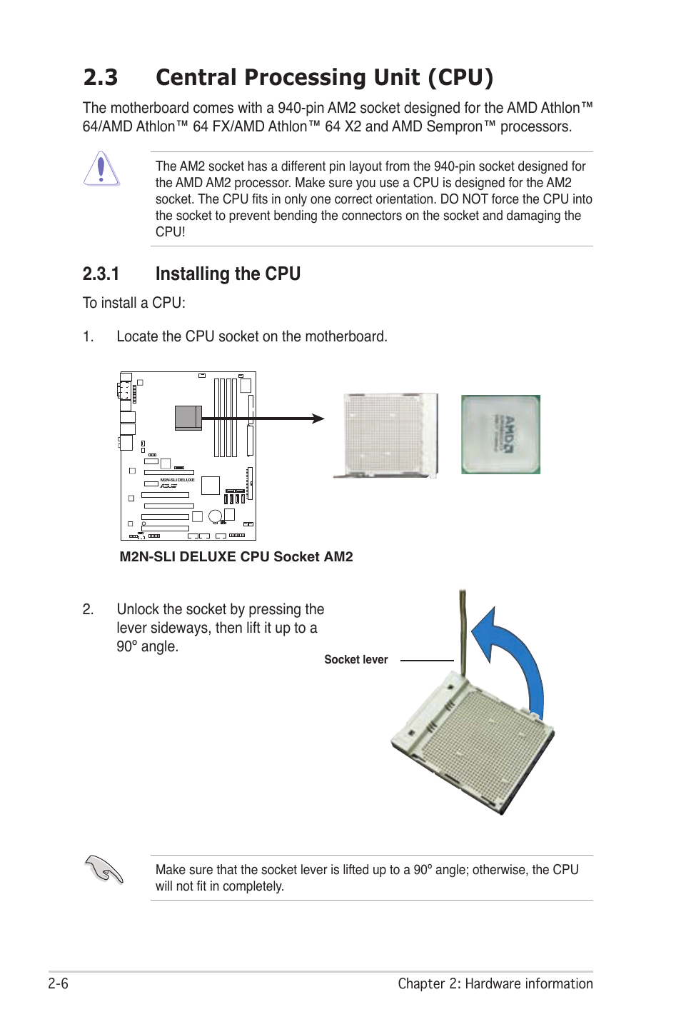 3 central processing unit (cpu), 1 installing the cpu | Asus M2N-SLI User Manual | Page 30 / 166