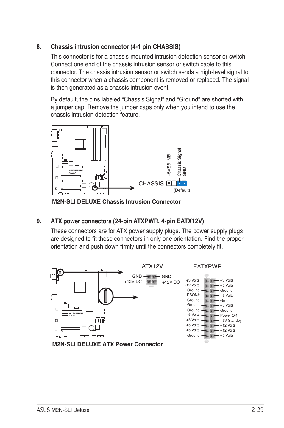 Asus m2n-sli deluxe 2-2, M2n-sli deluxe chassis intrusion connector chassis, M2n-sli deluxe atx power connector | Atx12v eatxpwr | Asus M2N-SLI User Manual | Page 53 / 166