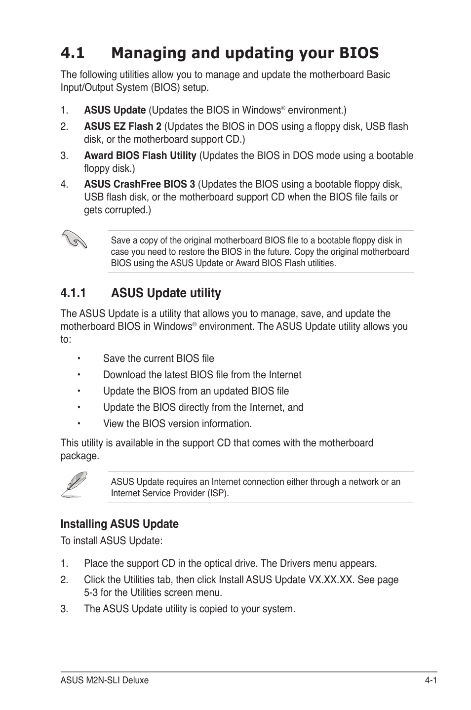 1 managing and updating your bios, 1 asus update utility | Asus M2N-SLI User Manual | Page 65 / 166