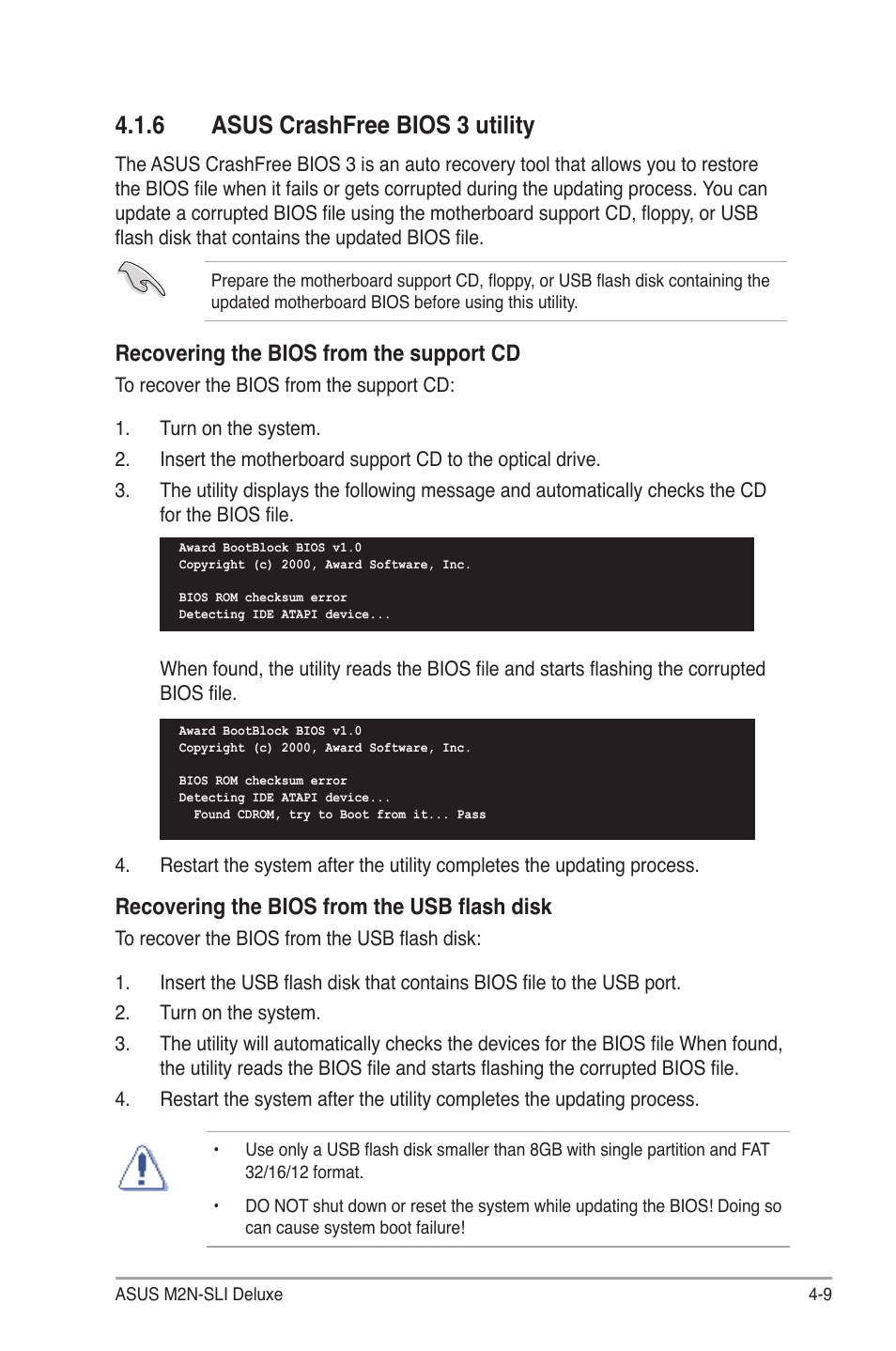 6 asus crashfree bios 3 utility, Recovering the bios from the support cd, Recovering the bios from the usb flash disk | Asus M2N-SLI User Manual | Page 73 / 166