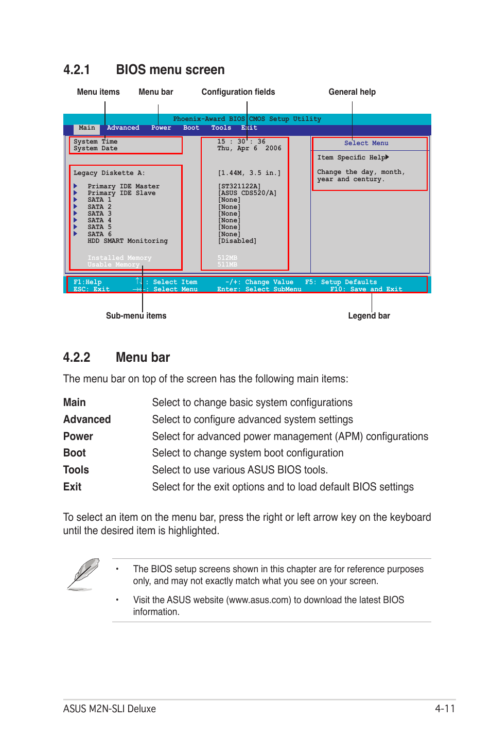 1 bios menu screen, 2 menu bar | Asus M2N-SLI User Manual | Page 75 / 166