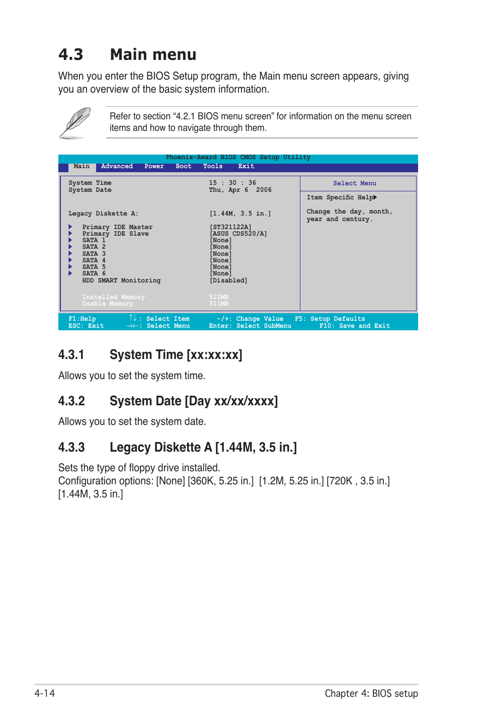 3 main menu, 1 system time [xx:xx:xx, Allows you to set the system time | Allows you to set the system date | Asus M2N-SLI User Manual | Page 78 / 166