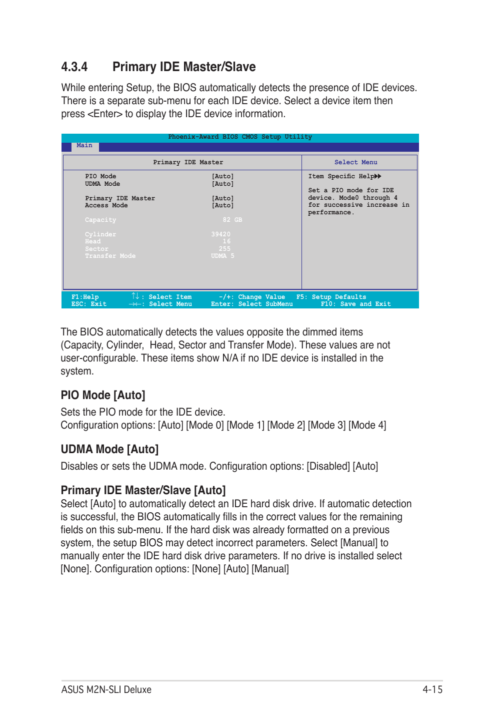 4 primary ide master/slave, Pio mode [auto, Udma mode [auto | Primary ide master/slave [auto | Asus M2N-SLI User Manual | Page 79 / 166