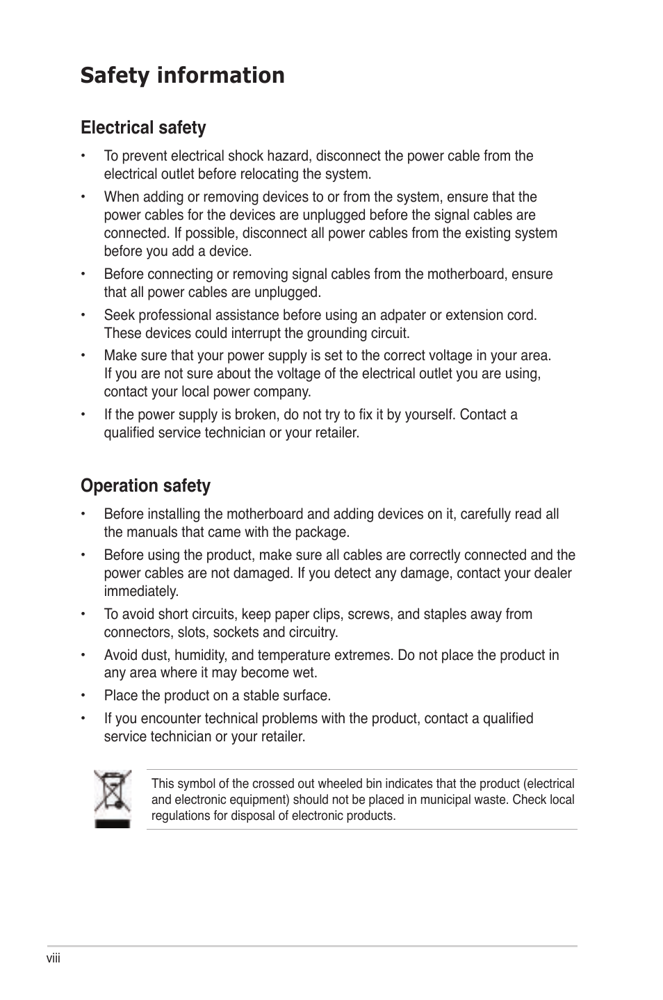 Safety information, Electrical safety, Operation safety | Asus M2N-SLI User Manual | Page 8 / 166