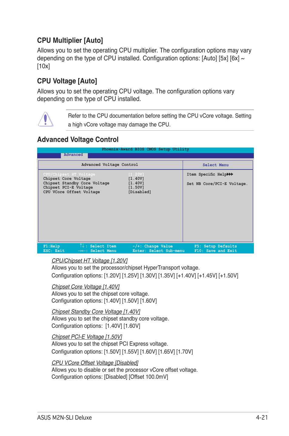 Cpu multiplier [auto, Cpu voltage [auto, Advanced voltage control | Asus M2N-SLI User Manual | Page 85 / 166