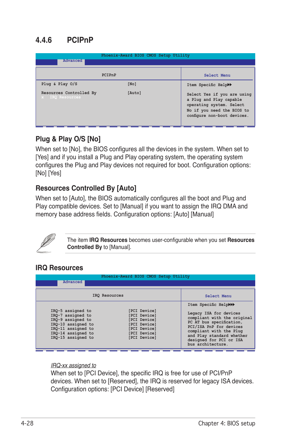 6 pcipnp, Plug & play o/s [no, Resources controlled by [auto | Irq resources | Asus M2N-SLI User Manual | Page 92 / 166