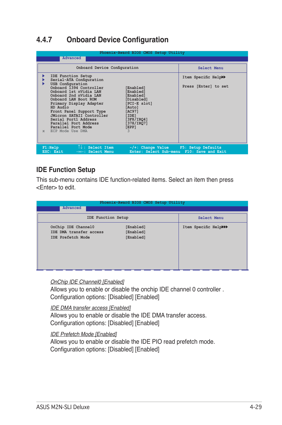 7 onboard device configuration, Ide function setup, Asus m2n-sli deluxe -2 | Onchip ide channel0 [enabled, Ide dma transfer access [enabled, Ide prefetch mode [enabled | Asus M2N-SLI User Manual | Page 93 / 166