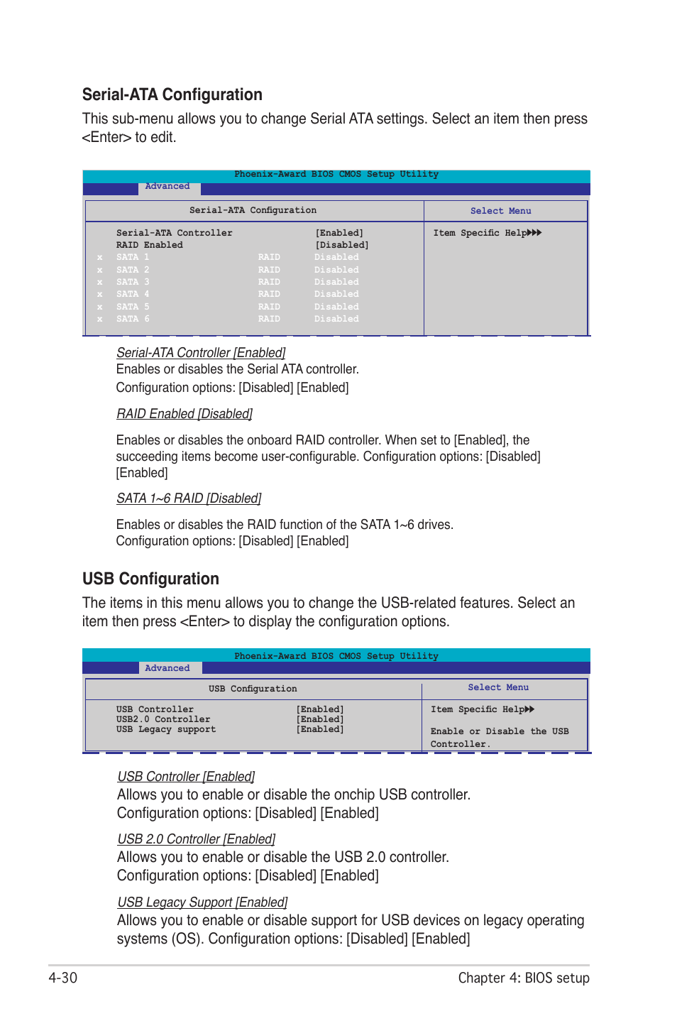 Serial-ata configuration, Usb configuration | Asus M2N-SLI User Manual | Page 94 / 166