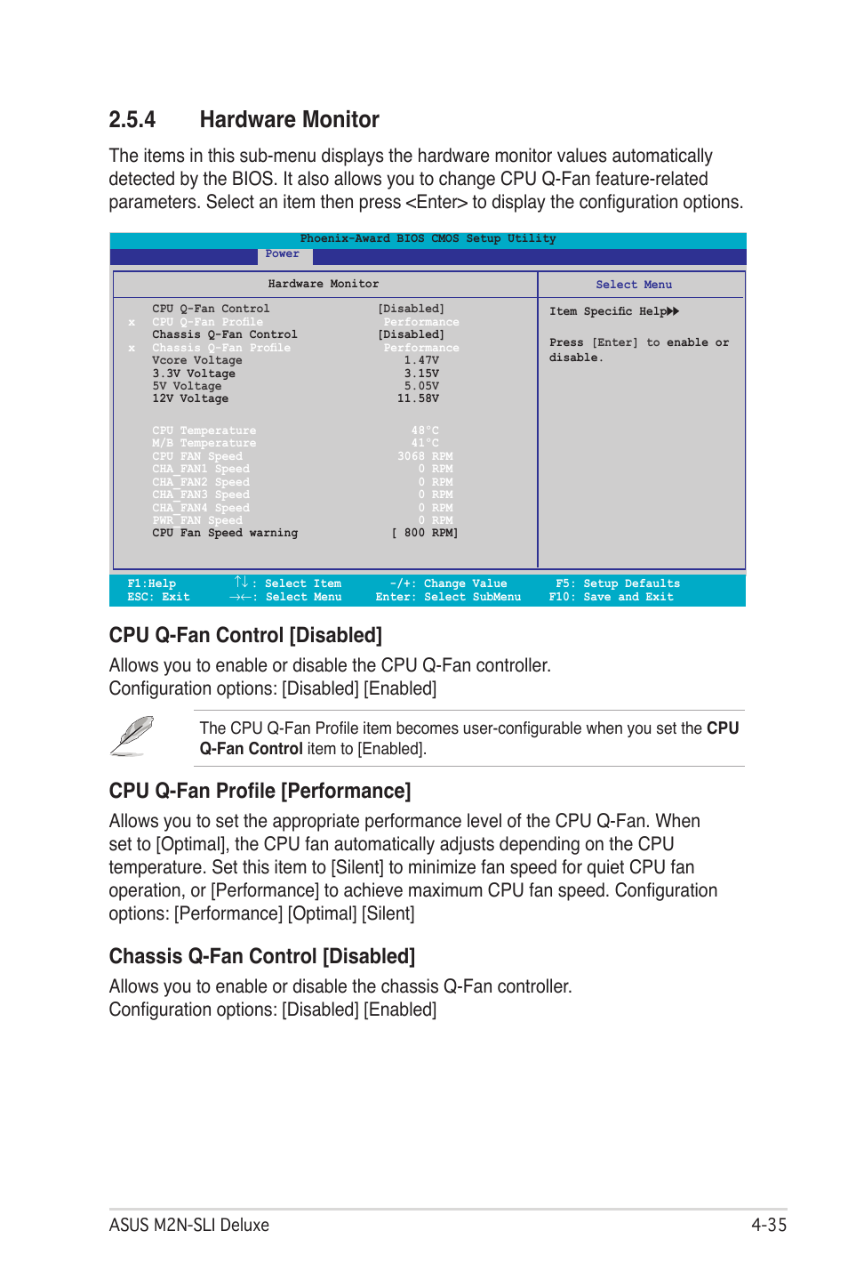 4 hardware monitor, Cpu q-fan control [disabled, Cpu q-fan profile [performance | Chassis q-fan control [disabled | Asus M2N-SLI User Manual | Page 99 / 166