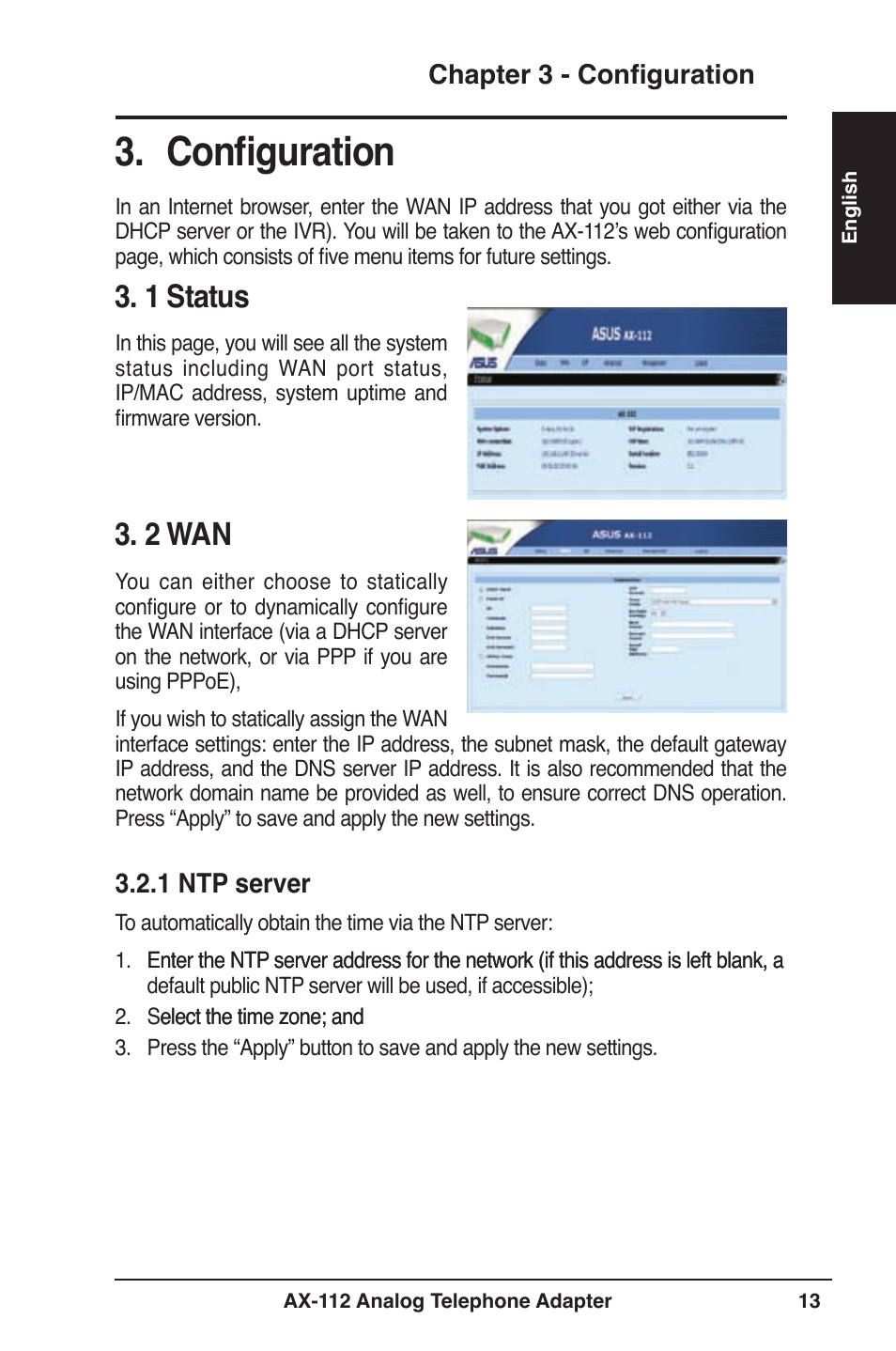 Configuration, 1 status, 2 wan | Asus Analog Telephone Adapter AX-112 User Manual | Page 13 / 26