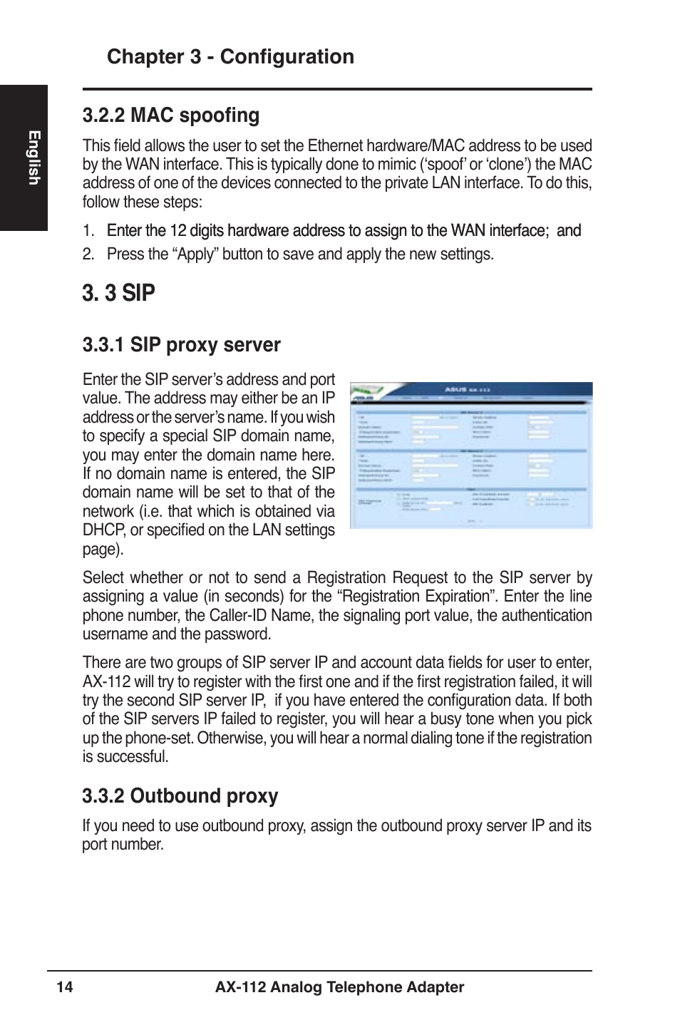 Chapter 3 - configuration, 2 mac spoofing, 2 outbound proxy | 1 sip proxy server | Asus Analog Telephone Adapter AX-112 User Manual | Page 14 / 26