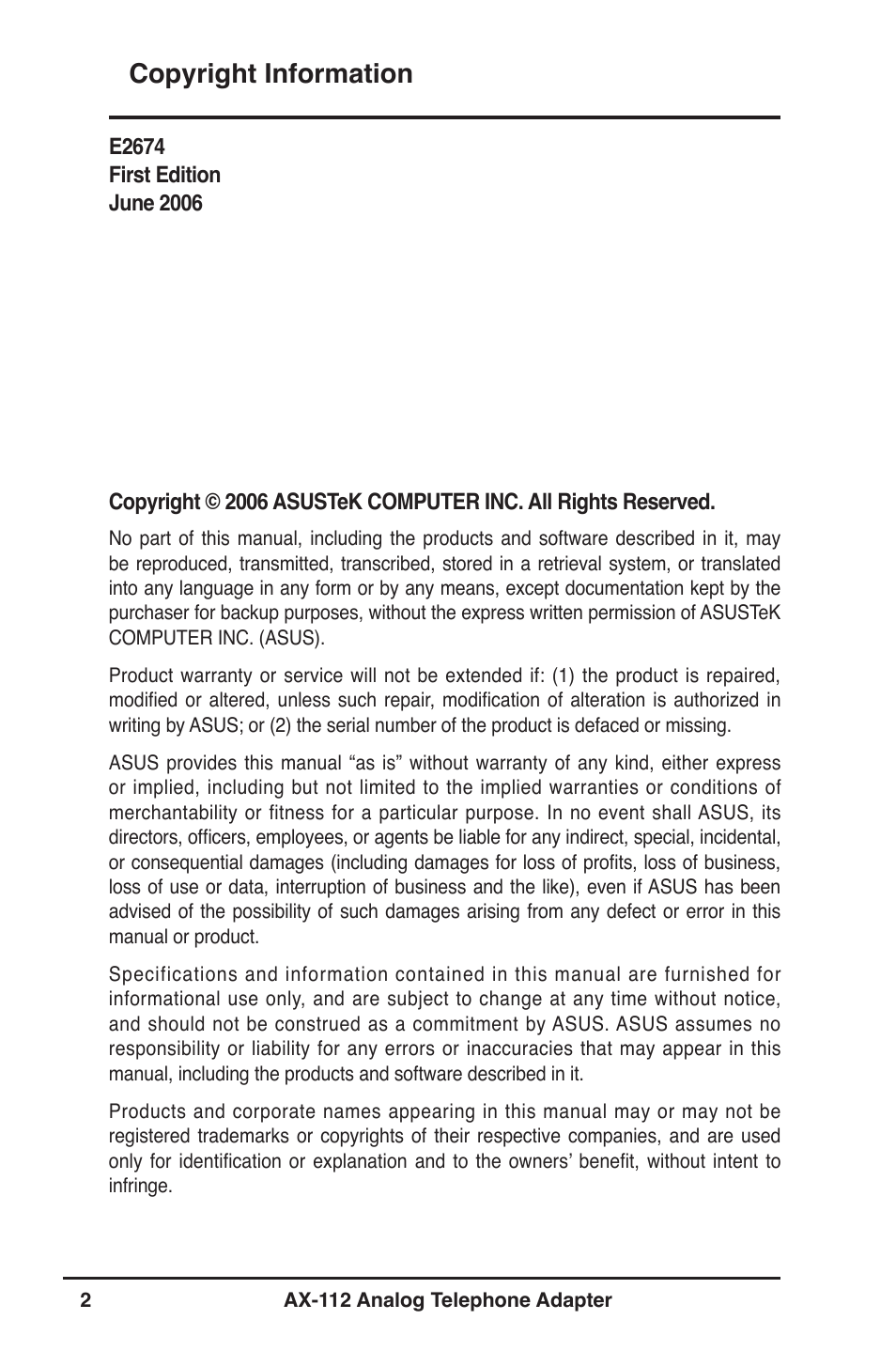 Copyright information | Asus Analog Telephone Adapter AX-112 User Manual | Page 2 / 26