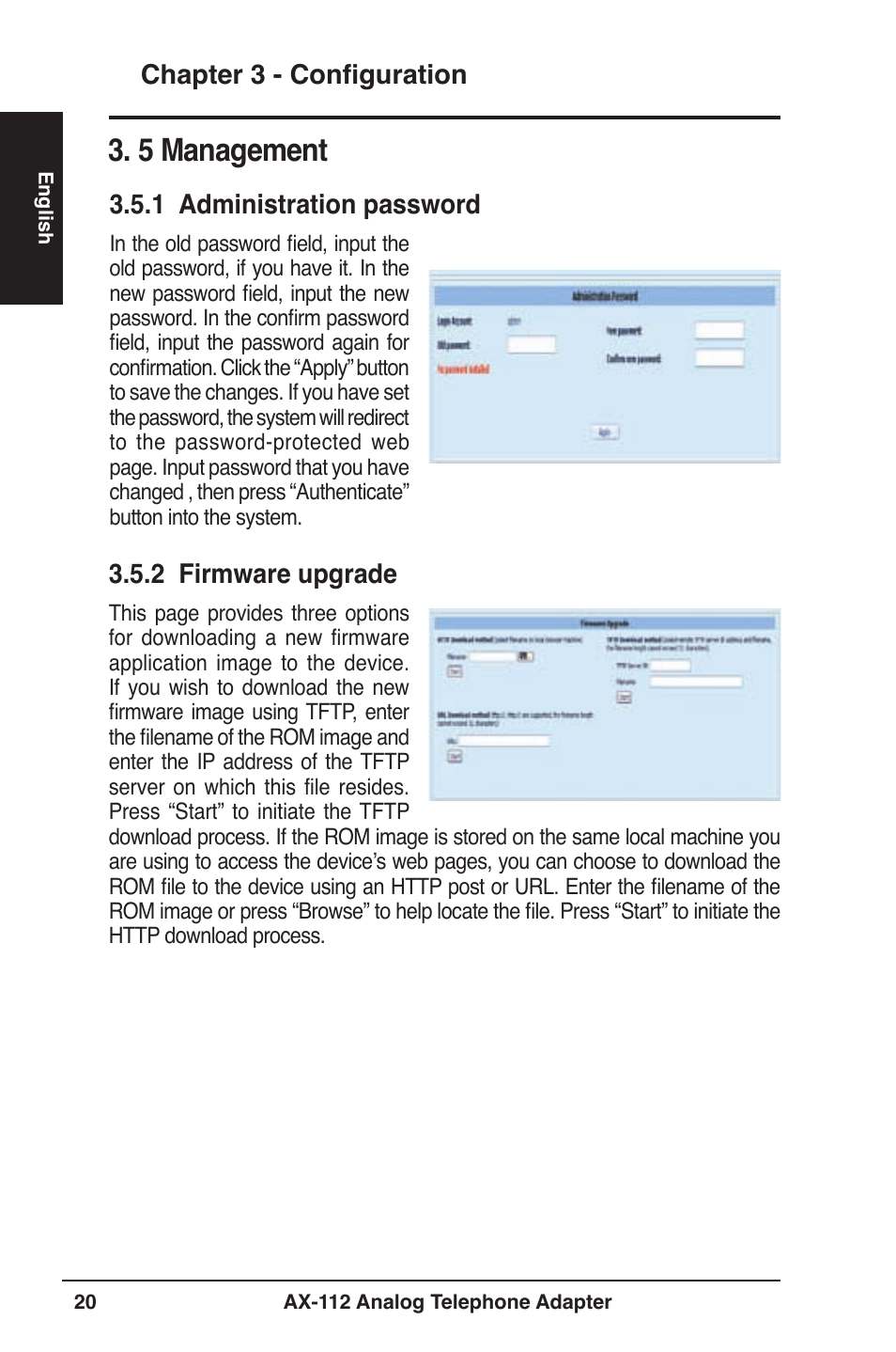 Management, Chapter 3 - configuration, 1 administration password | 2 firmware upgrade | Asus Analog Telephone Adapter AX-112 User Manual | Page 20 / 26
