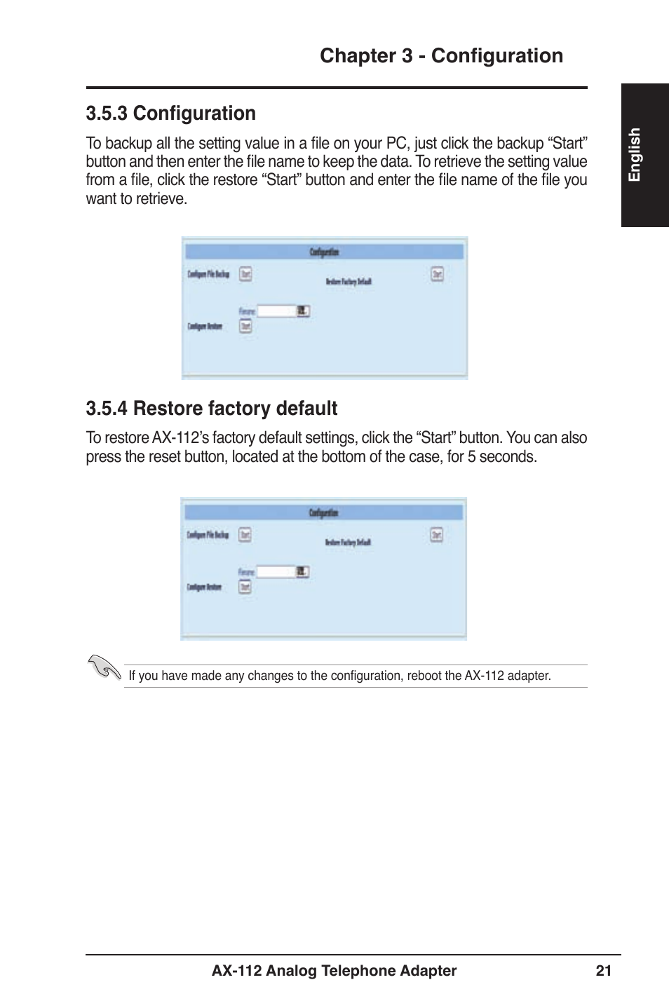Chapter 3 - configuration, 3 configuration, 4 restore factory default | Asus Analog Telephone Adapter AX-112 User Manual | Page 21 / 26