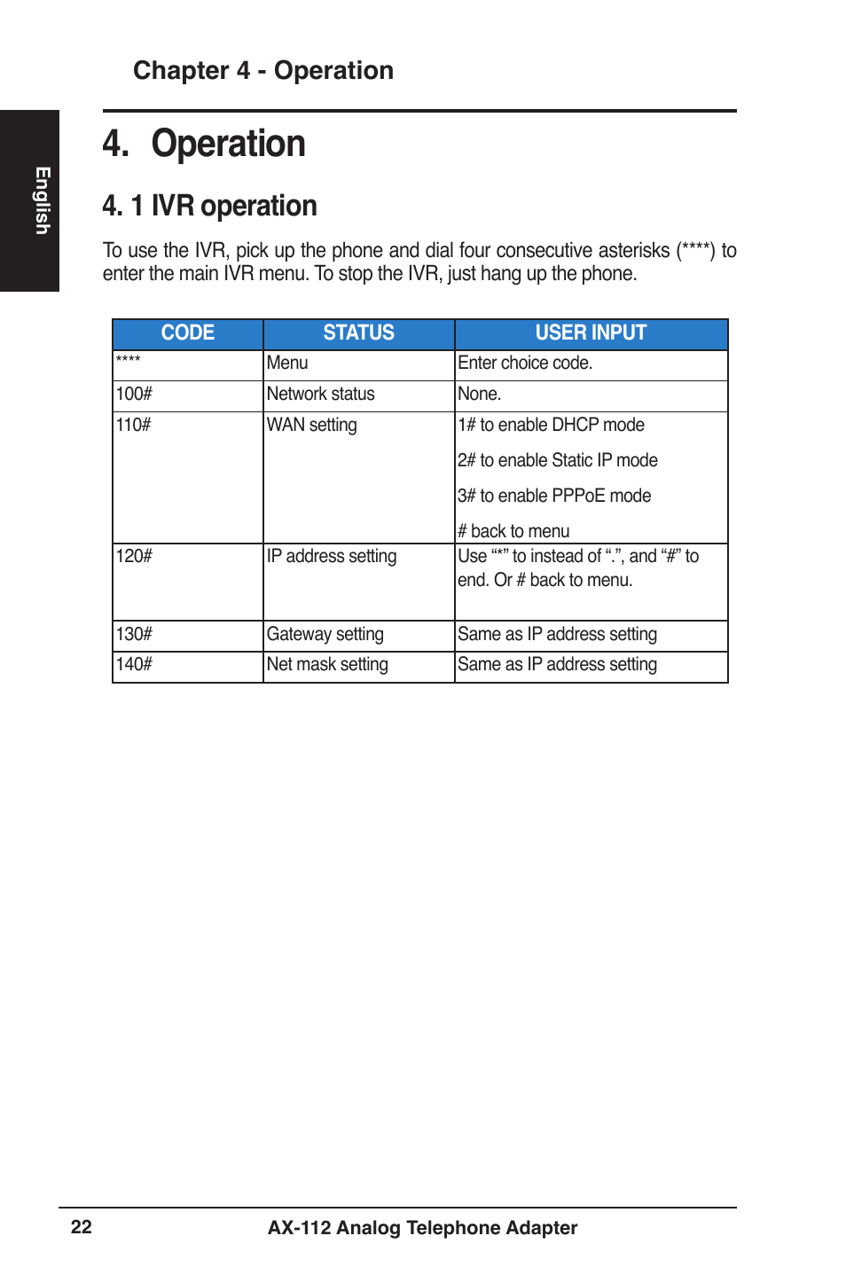 Operation, 1 ivr operation, Chapter 4 - operation | Asus Analog Telephone Adapter AX-112 User Manual | Page 22 / 26