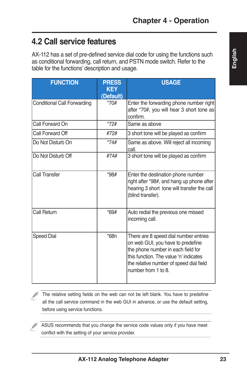 2 call service features, Chapter 4 - operation | Asus Analog Telephone Adapter AX-112 User Manual | Page 23 / 26