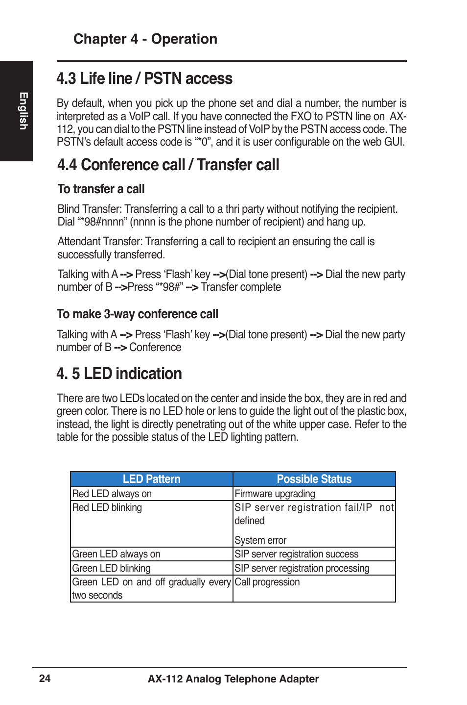  life line / pstn access, 4 conference call / transfer call,  led indication | Chapter 4 - operation | Asus Analog Telephone Adapter AX-112 User Manual | Page 24 / 26