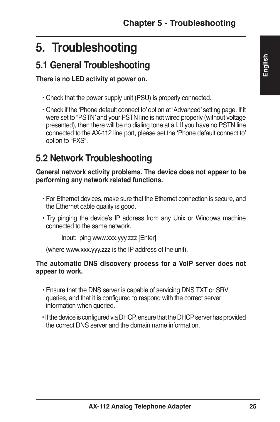 Troubleshooting, 1 general troubleshooting, 2 network troubleshooting | Asus Analog Telephone Adapter AX-112 User Manual | Page 25 / 26