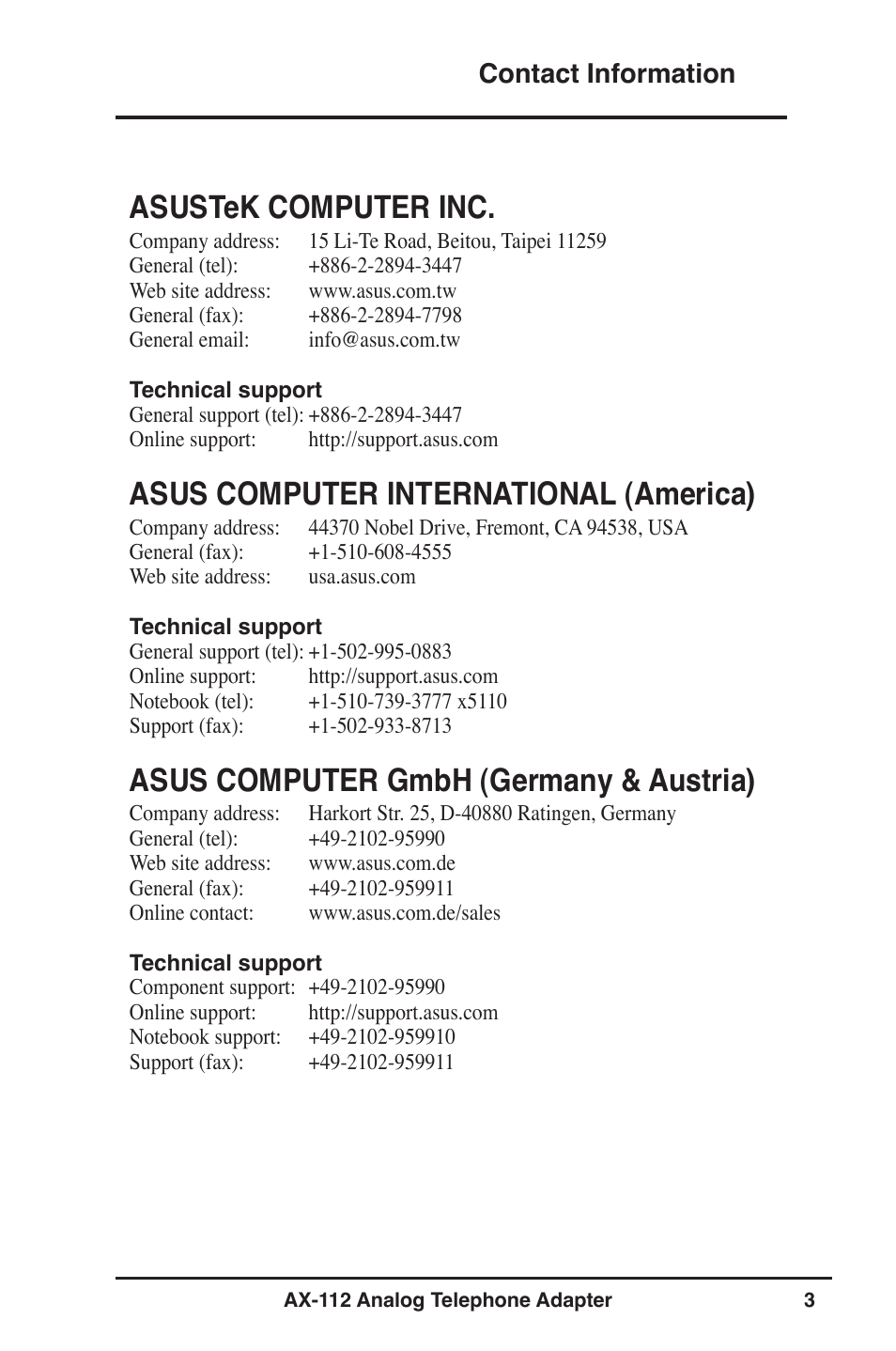 Asustek computer inc, Asus computer international (america), Asus computer gmbh (germany & austria) | Contact information | Asus Analog Telephone Adapter AX-112 User Manual | Page 3 / 26