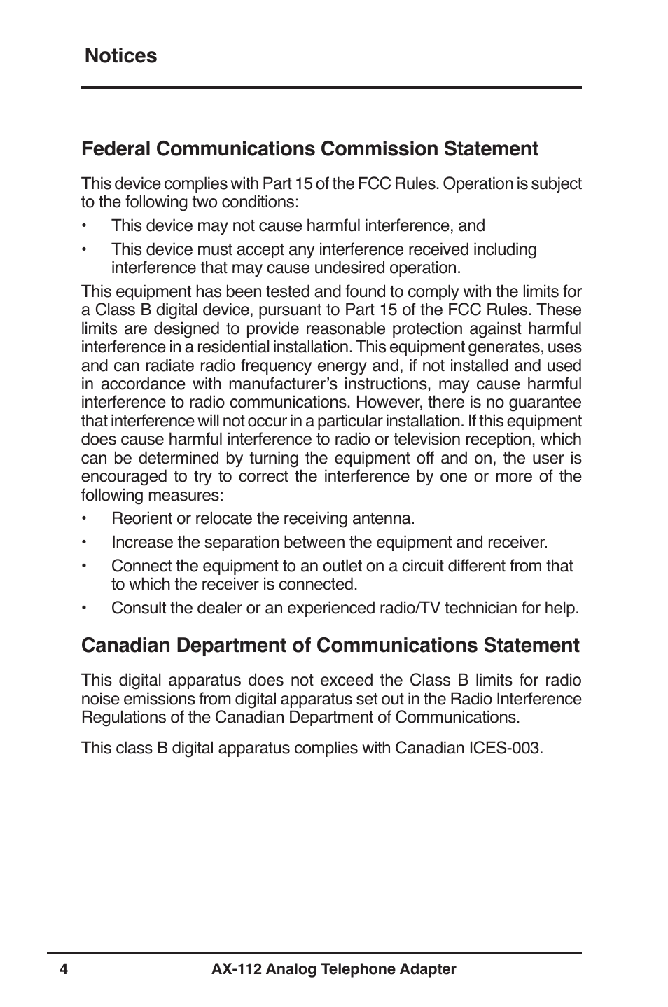 Canadian department of communications statement | Asus Analog Telephone Adapter AX-112 User Manual | Page 4 / 26