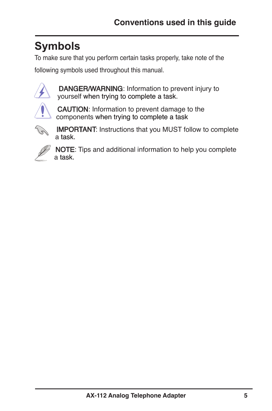 Symbols, Conventions used in this guide | Asus Analog Telephone Adapter AX-112 User Manual | Page 5 / 26
