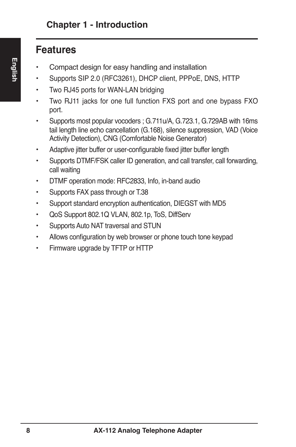 Features, Chapter 1 - introduction | Asus Analog Telephone Adapter AX-112 User Manual | Page 8 / 26