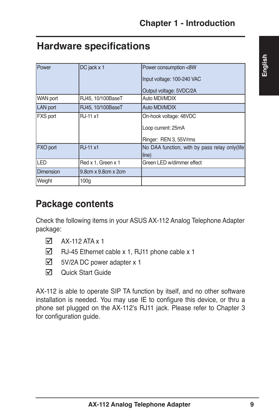 Package contents, Hardware specifications, Chapter 1 - introduction | Asus Analog Telephone Adapter AX-112 User Manual | Page 9 / 26