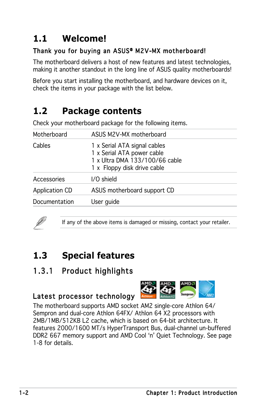 1 welcome, 2 package contents, 3 special features | 1 product highlights | Asus Motherboard M2V-MX User Manual | Page 12 / 90