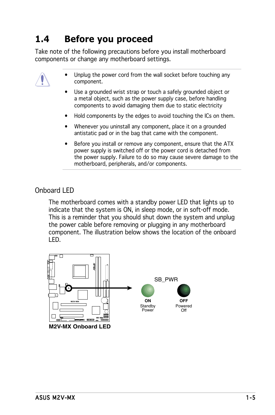 4 before you proceed, Onboard led | Asus Motherboard M2V-MX User Manual | Page 15 / 90