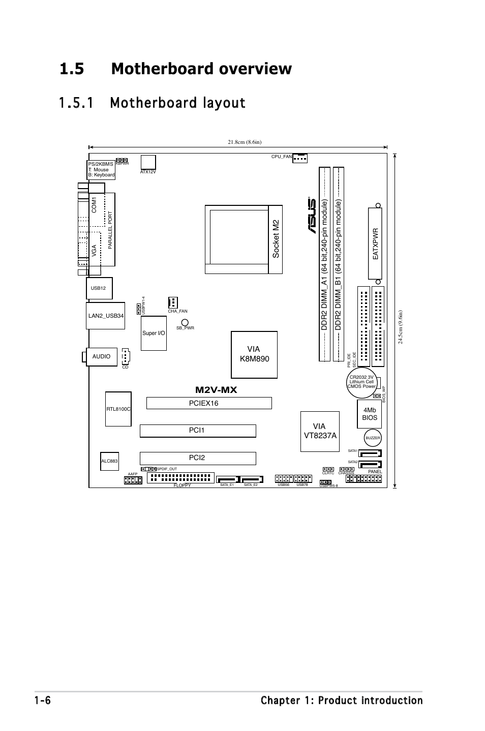 5 motherboard overview, 1 motherboard layout, 6 chapter 1: product introduction | M2v-mx, Socket m2 | Asus Motherboard M2V-MX User Manual | Page 16 / 90