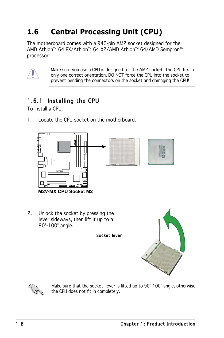 6 central processing unit (cpu), 1 installing the cpu | Asus Motherboard M2V-MX User Manual | Page 18 / 90