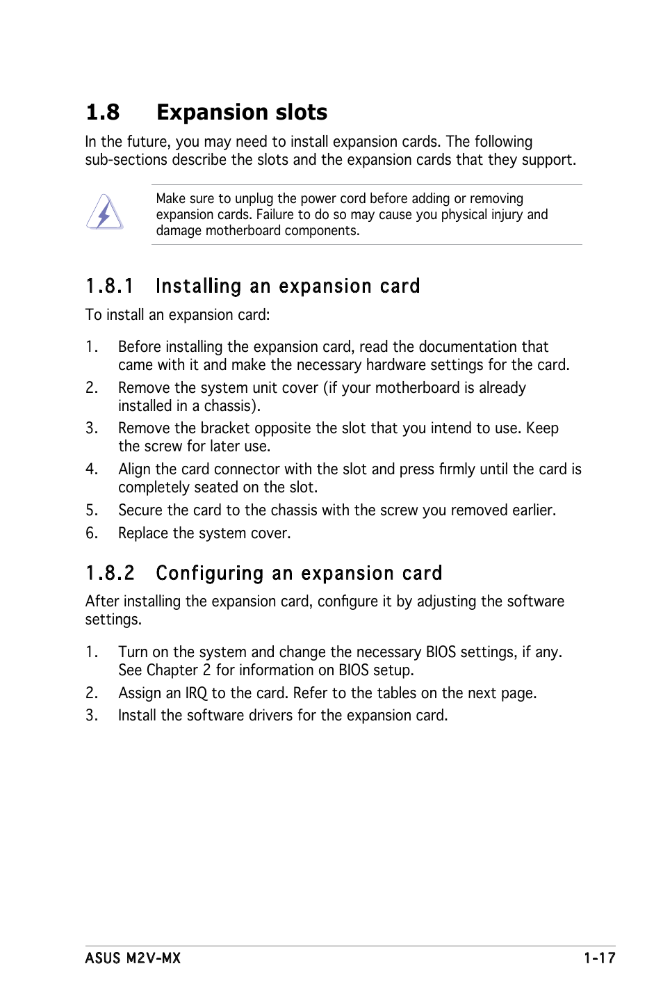 8 expansion slots, 1 installing an expansion card, 2 configuring an expansion card | Asus Motherboard M2V-MX User Manual | Page 27 / 90