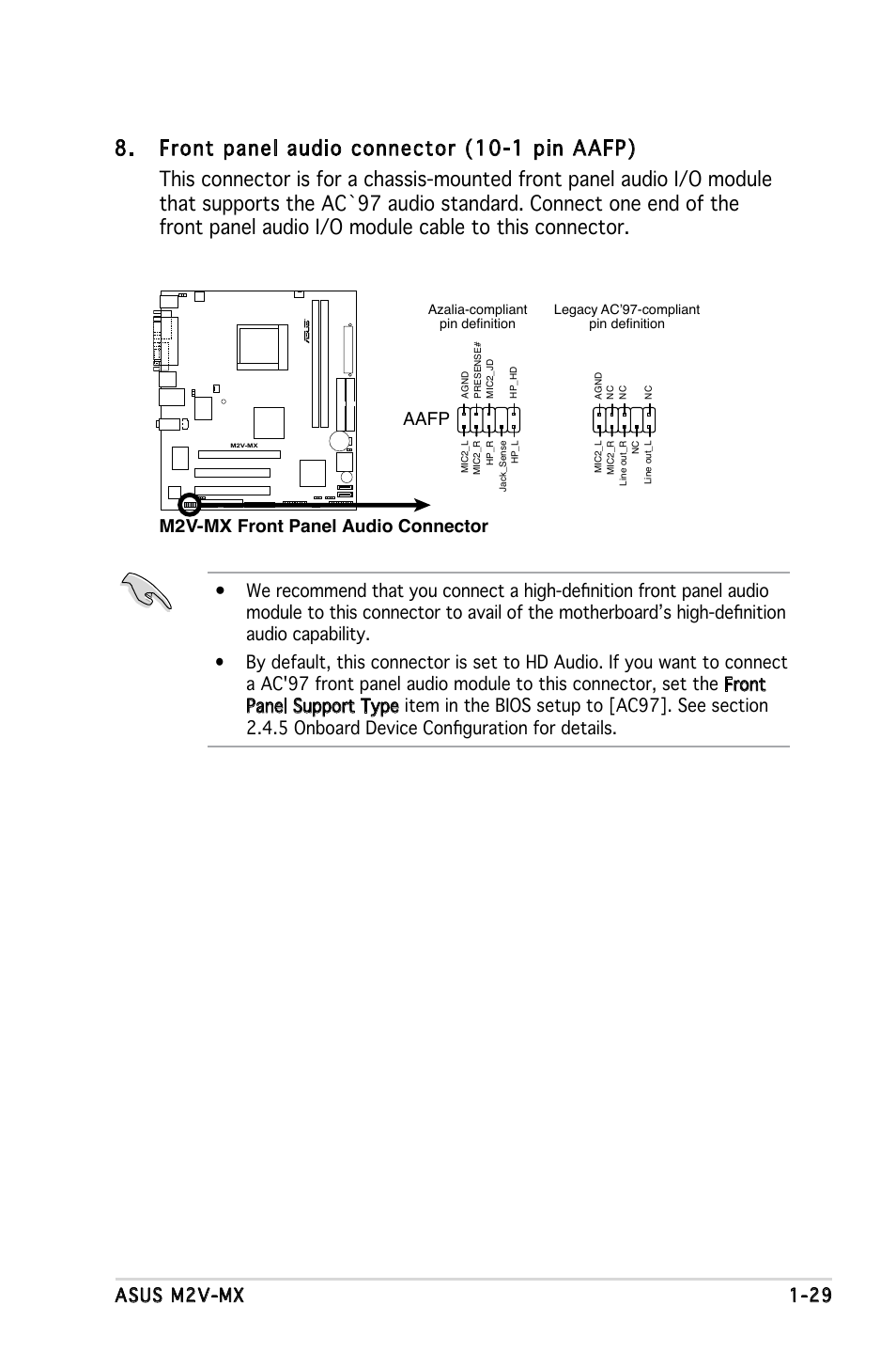 Asus m2v-mx 1-29, M2v-mx front panel audio connector, Aafp | Asus Motherboard M2V-MX User Manual | Page 39 / 90