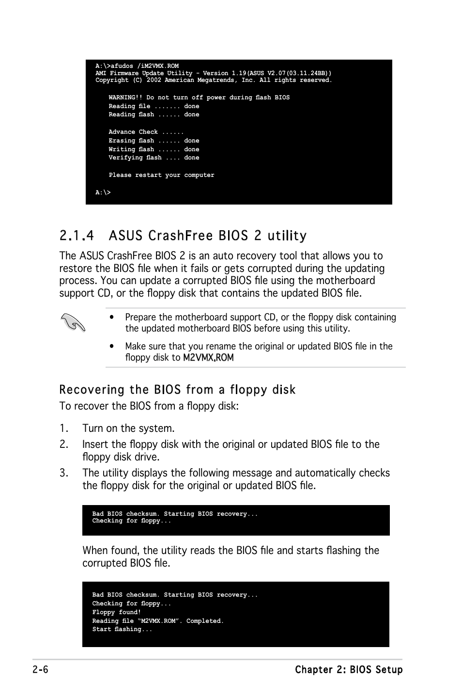 4 asus crashfree bios 2 utility, Recovering the bios from a floppy disk | Asus Motherboard M2V-MX User Manual | Page 48 / 90