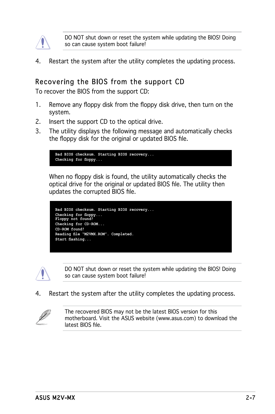 Recovering the bios from the support cd | Asus Motherboard M2V-MX User Manual | Page 49 / 90