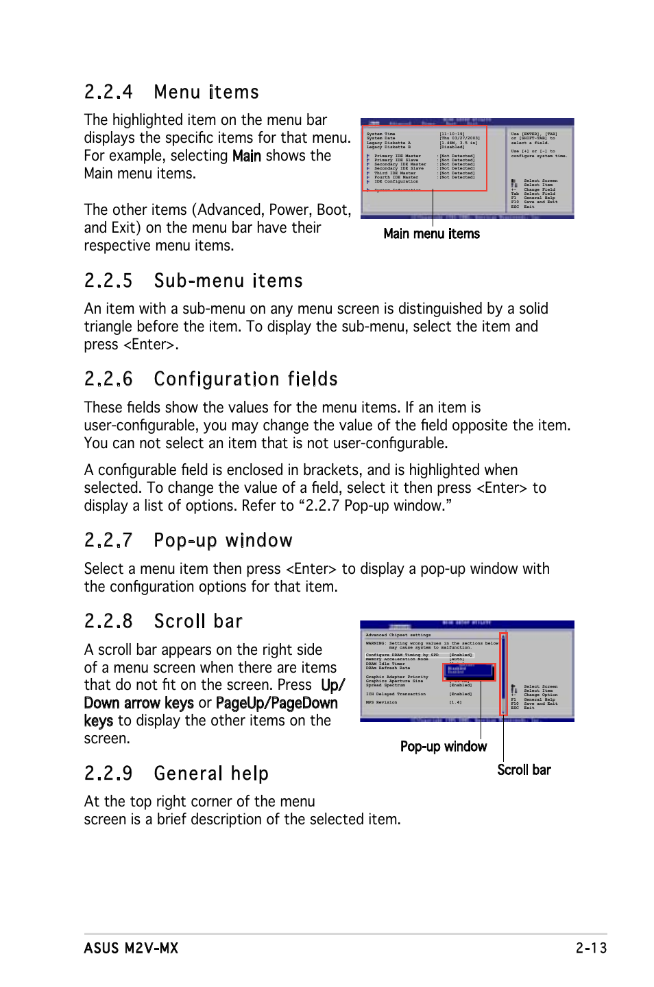 4 menu items, 5 sub-menu items, 6 configuration fields | 7 pop-up window, 8 scroll bar, 9 general help, Asus m2v-mx 2-13, Main menu items scroll bar, Pop-up window | Asus Motherboard M2V-MX User Manual | Page 55 / 90